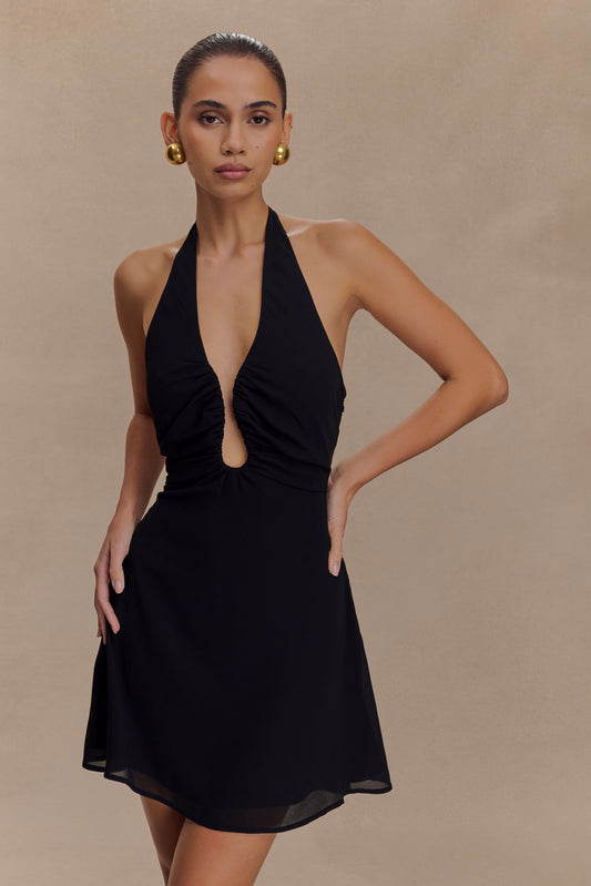 Amabel Black Mini Dress with Plunge Halter and Chiffon Skirt