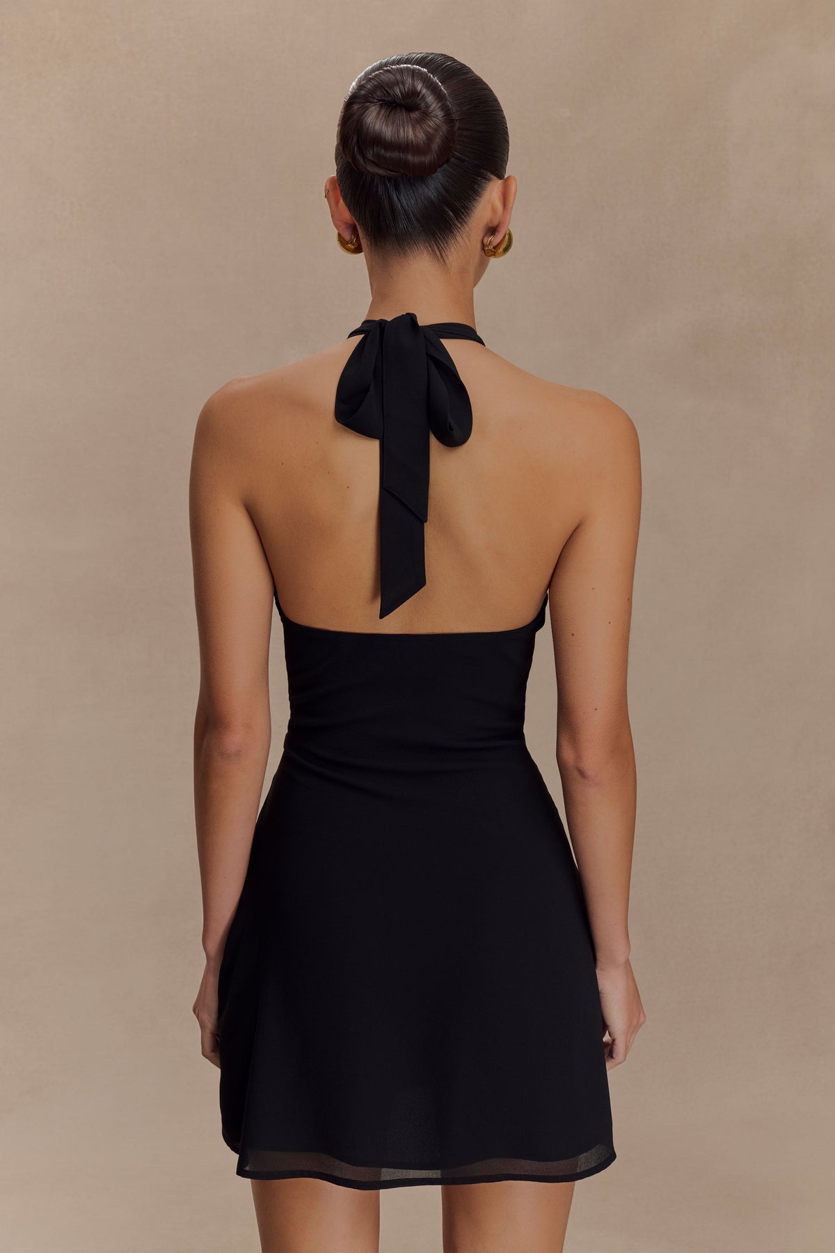 Amabel Black Mini Dress with Plunge Halter and Chiffon Skirt