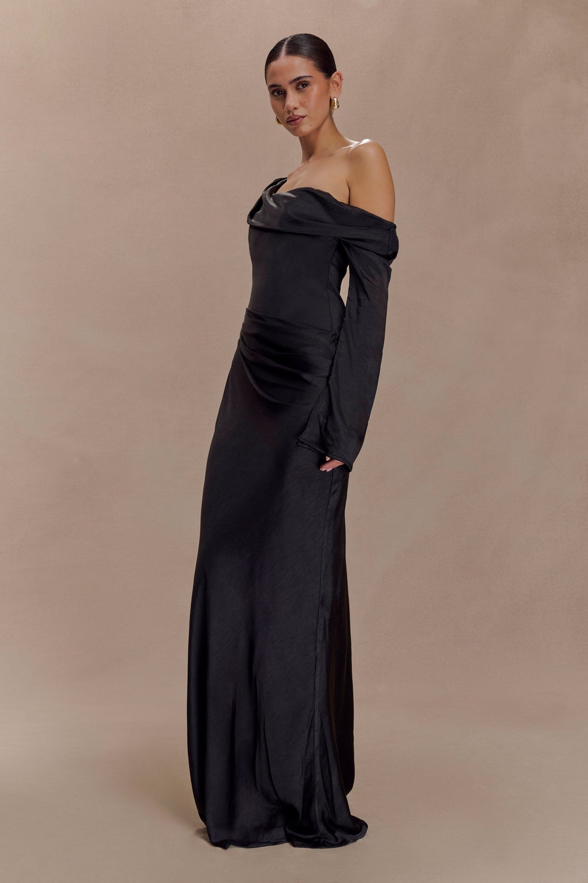 Pia Long Sleeve Dress with Off-Shoulder Satin Neckline