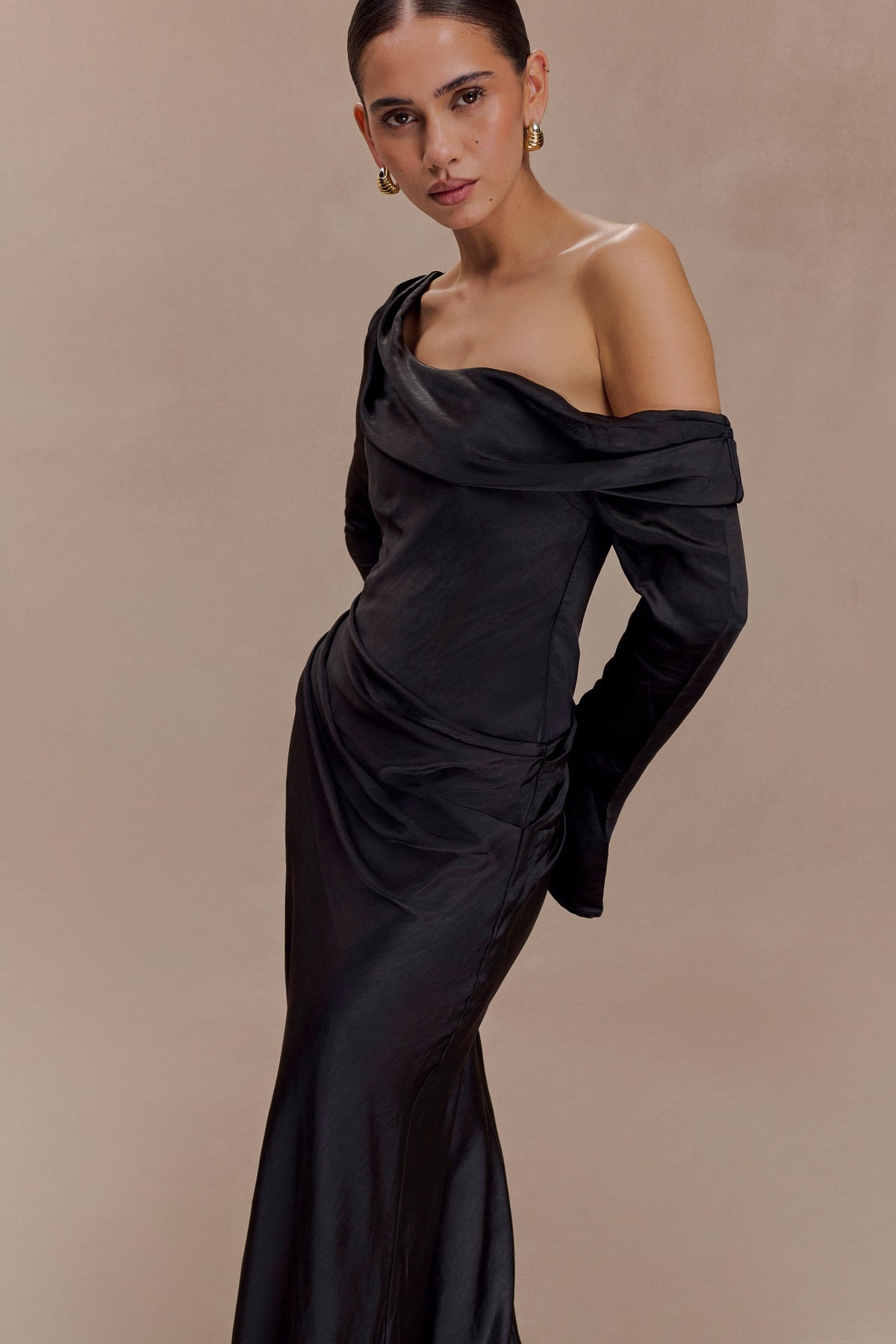 Pia Long Sleeve Dress with Off-Shoulder Satin Neckline