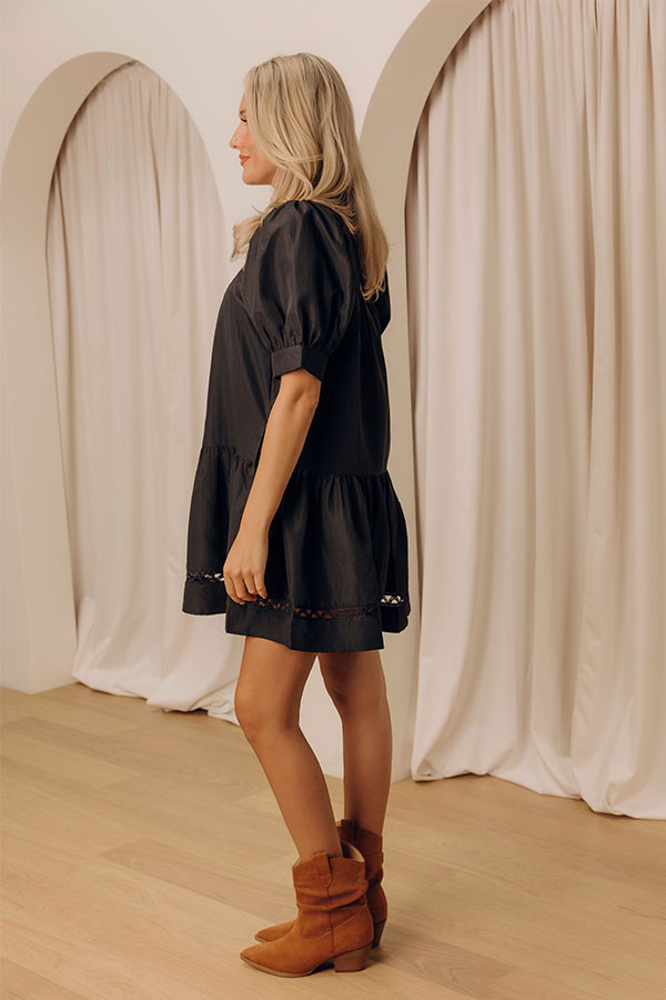 Lark Black Mini Dress with Puff Sleeves and Tiered Skirt