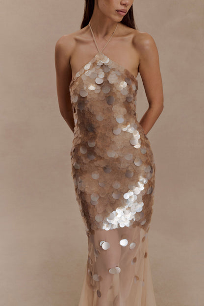 Jenny Hand-Embellished Gold Evening Dress