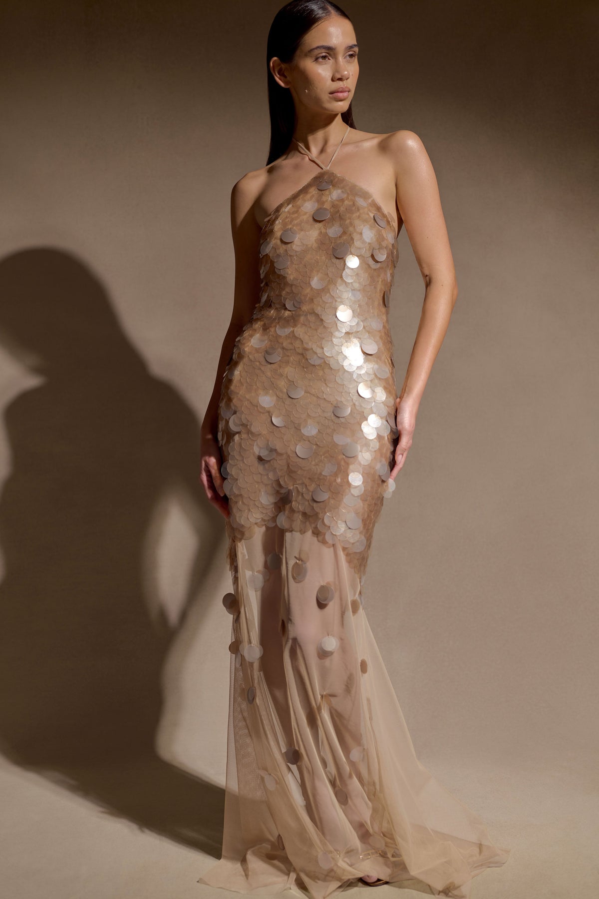 Jenny Hand-Embellished Gold Evening Dress