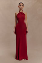 Micaela Red Dress with Halter Neck and Slinky Column