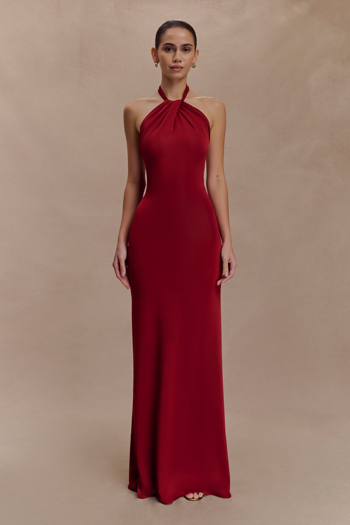 Micaela Red Dress with Halter Neck and Slinky Column