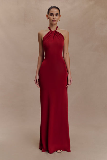 Micaela Red Dress with Halter Neck and Slinky Column