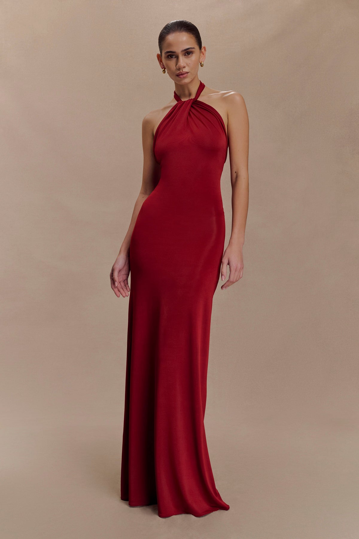 Micaela Red Dress with Halter Neck and Slinky Column