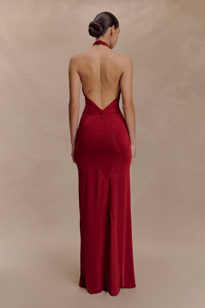 Micaela Red Dress with Halter Neck and Slinky Column