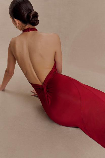 Micaela Red Dress with Halter Neck and Slinky Column