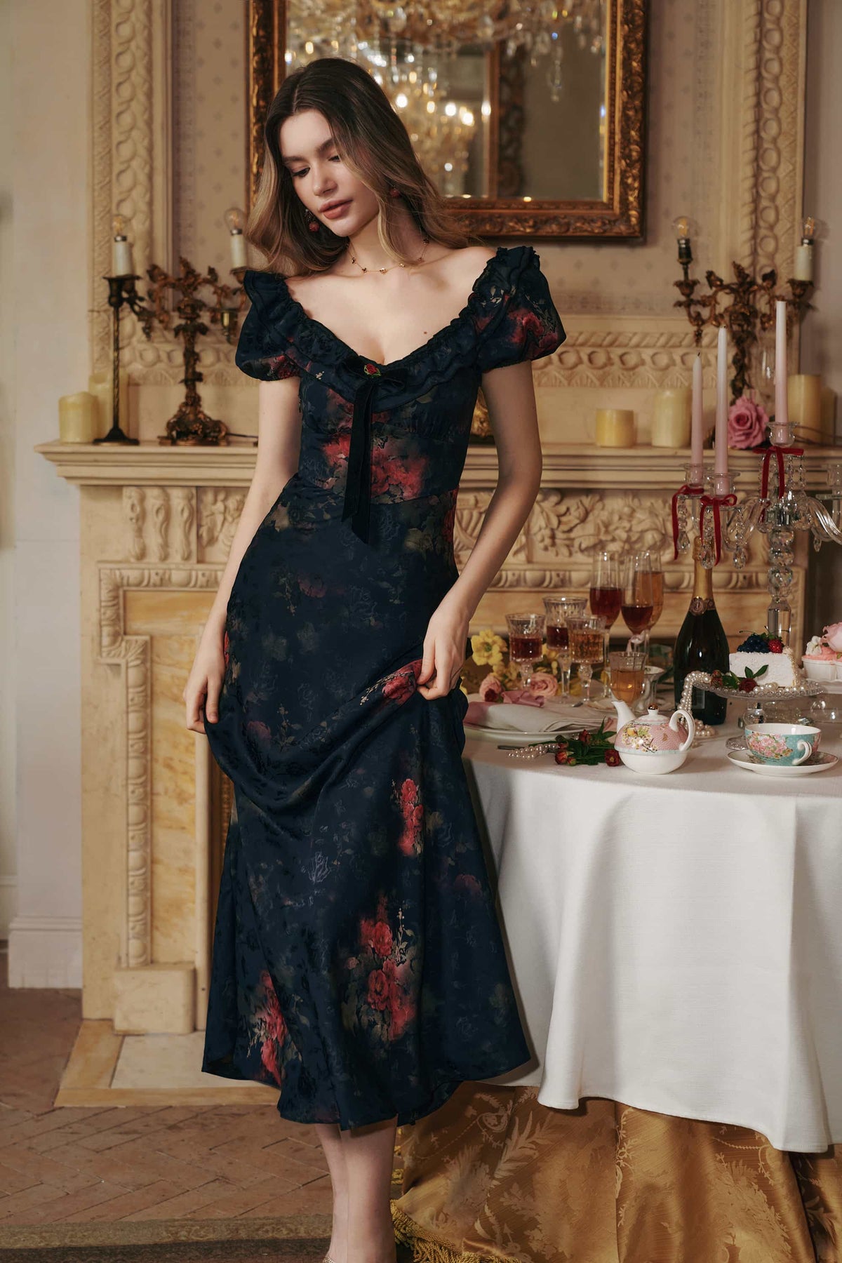 Danae Black Dress with Floral Jacquard and Puff Sleeves