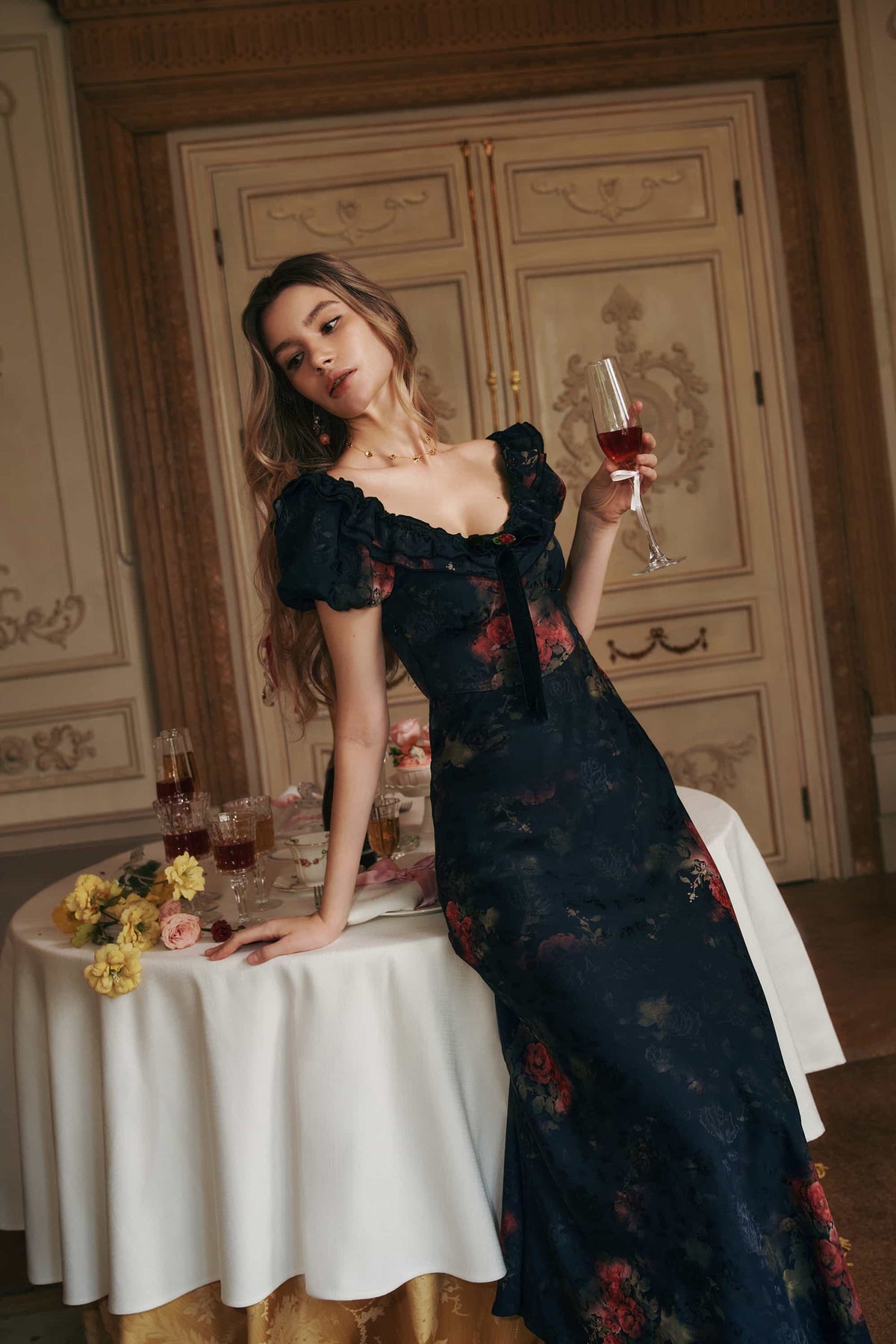 Danae Black Dress with Floral Jacquard and Puff Sleeves
