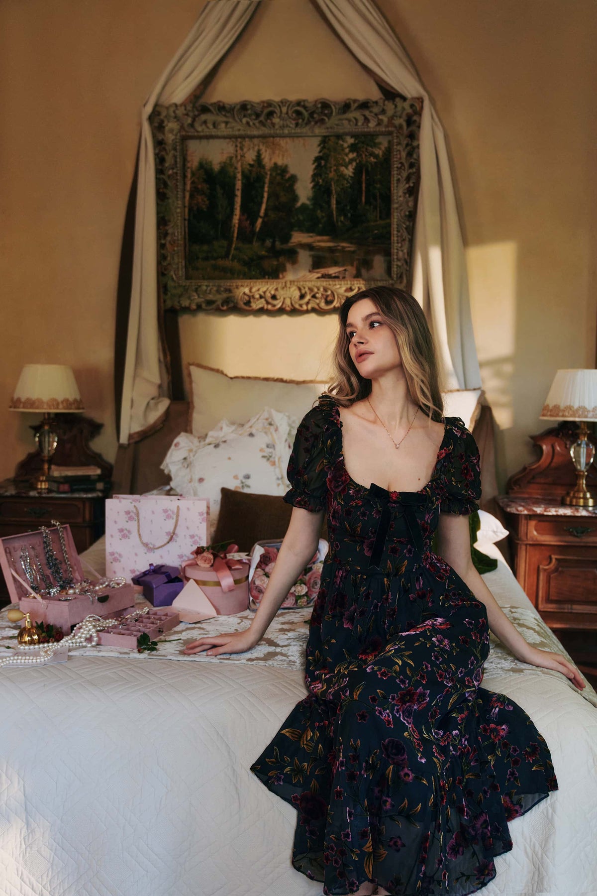 Georgina Velvet Dress with Puff Sleeves and Burnout Floral