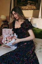 Georgina Velvet Dress with Puff Sleeves and Burnout Floral