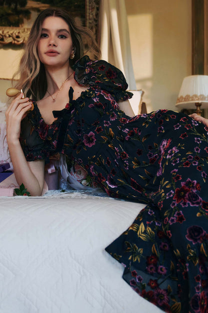 Georgina Velvet Dress with Puff Sleeves and Burnout Floral