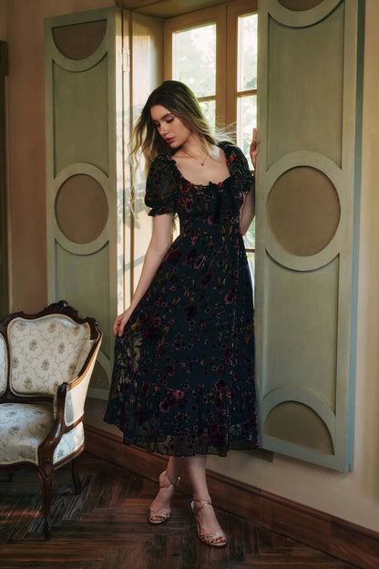 Georgina Velvet Dress with Puff Sleeves and Burnout Floral