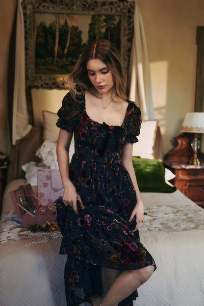 Georgina Velvet Dress with Puff Sleeves and Burnout Floral