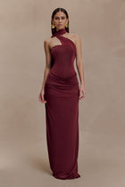 Susanna Burgundy Dress with One Shoulder and Scarf Detail