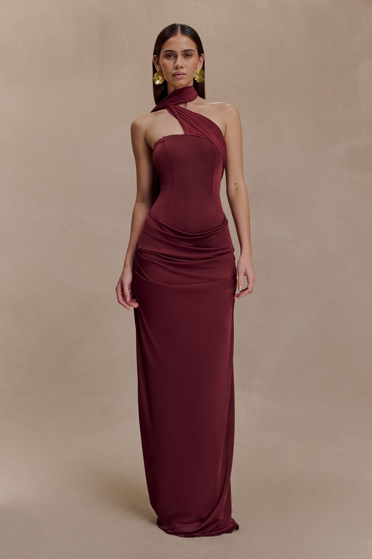 Susanna Burgundy Dress with One Shoulder and Scarf Detail