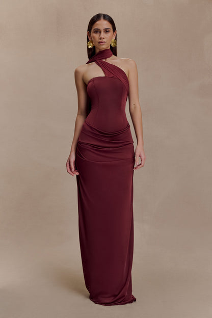 Susanna Burgundy Dress with One Shoulder and Scarf Detail