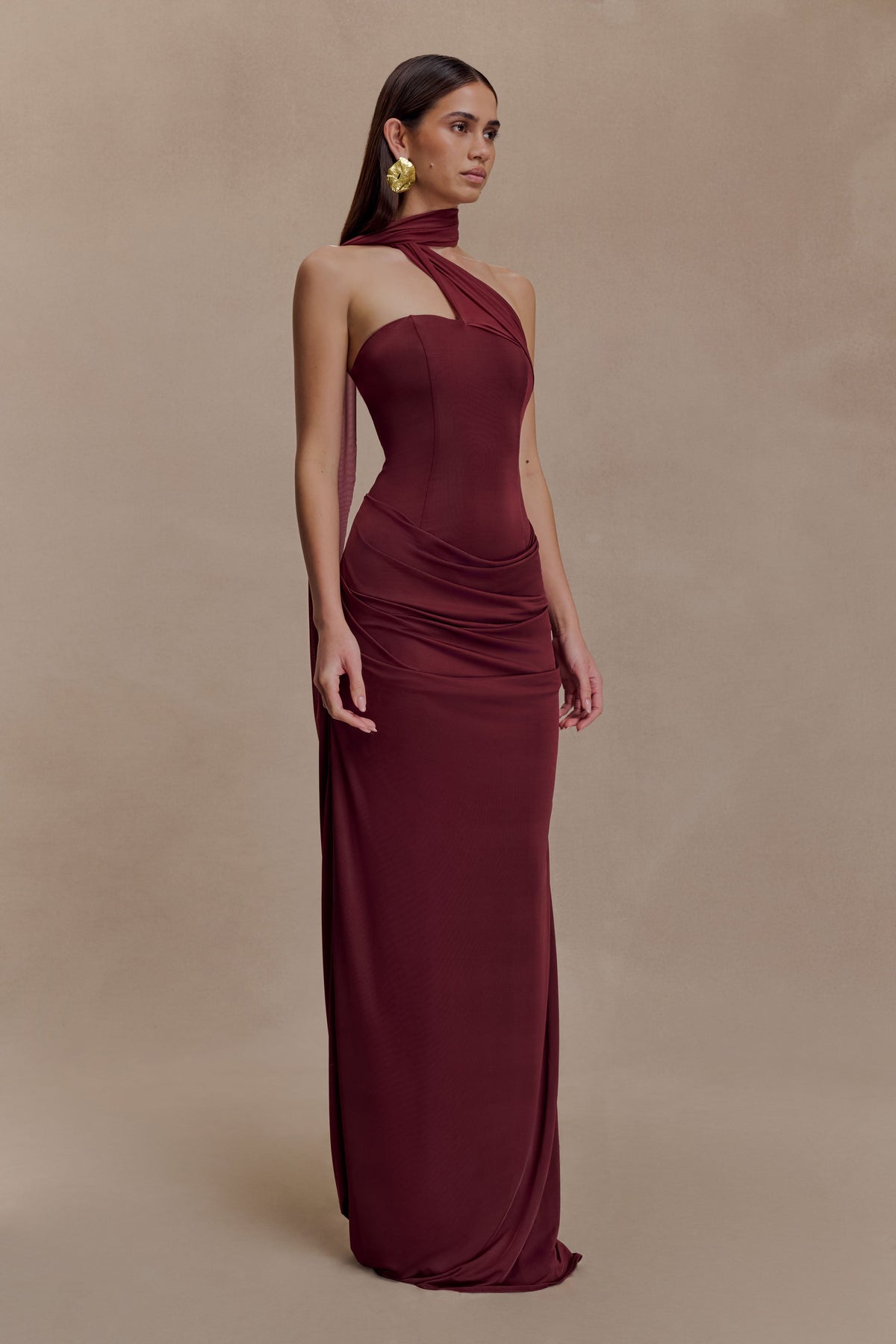 Susanna Burgundy Dress with One Shoulder and Scarf Detail