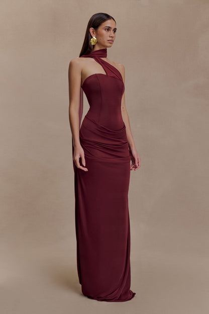 Susanna Burgundy Dress with One Shoulder and Scarf Detail