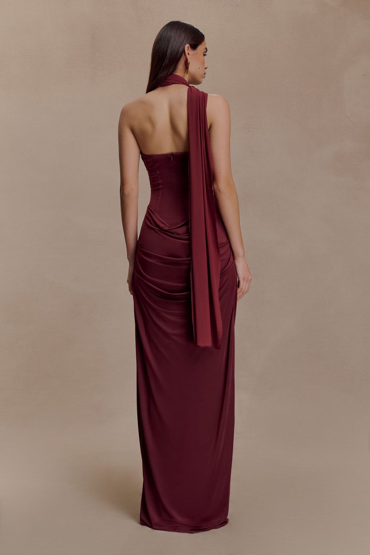 Susanna Burgundy Dress with One Shoulder and Scarf Detail
