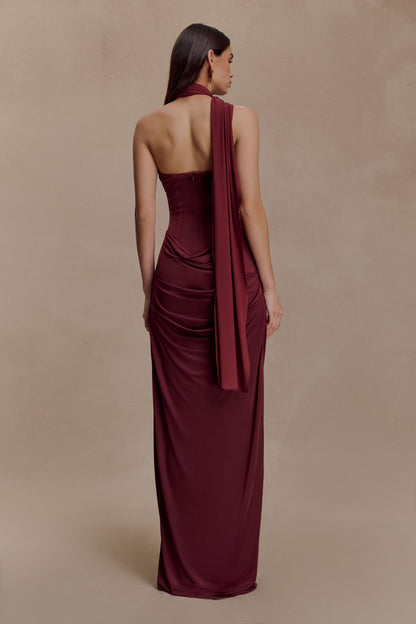 Susanna Burgundy Dress with One Shoulder and Scarf Detail