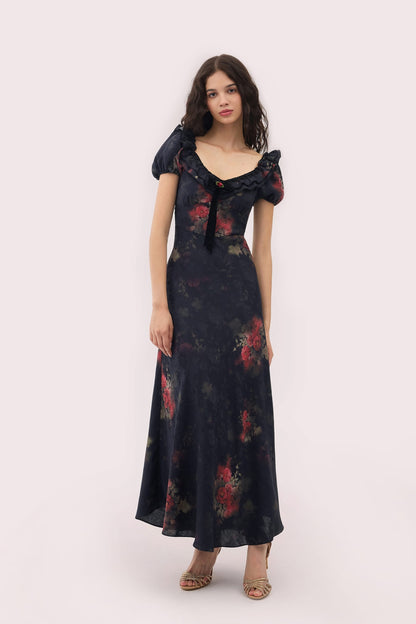 Danae Black Dress with Floral Jacquard and Puff Sleeves