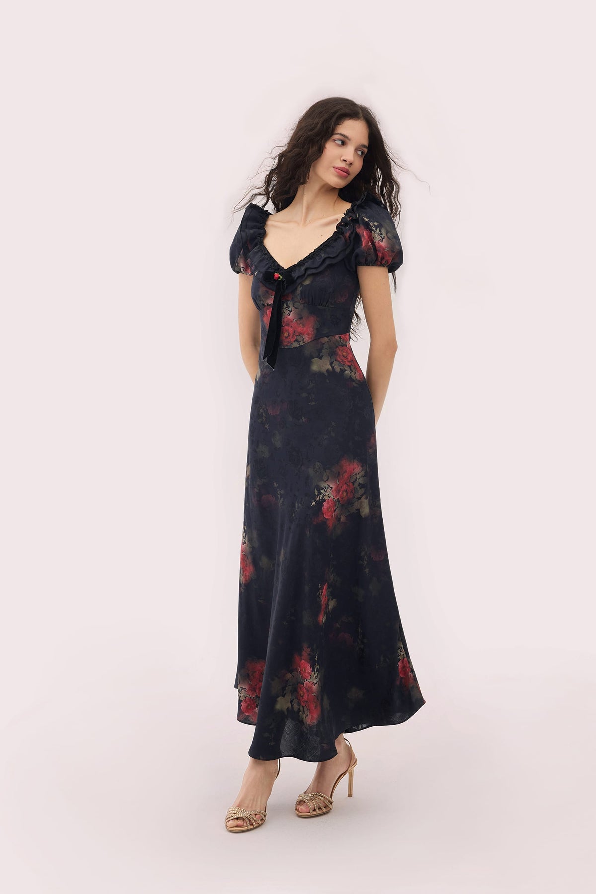Danae Black Dress with Floral Jacquard and Puff Sleeves