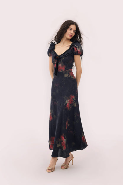 Danae Black Dress with Floral Jacquard and Puff Sleeves