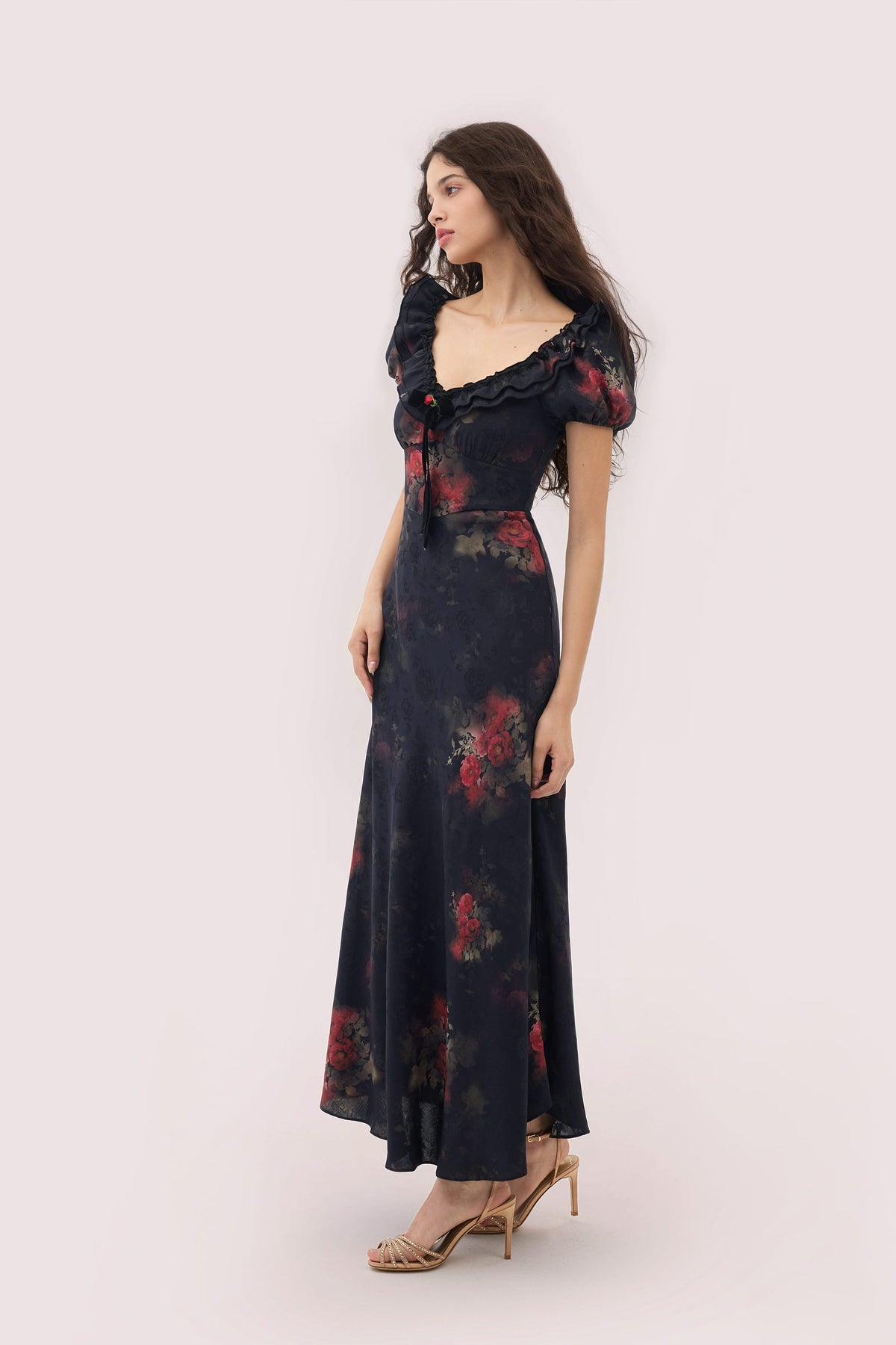 Danae Black Dress with Floral Jacquard and Puff Sleeves