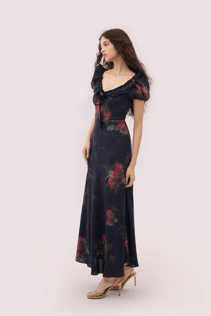 Danae Black Dress with Floral Jacquard and Puff Sleeves