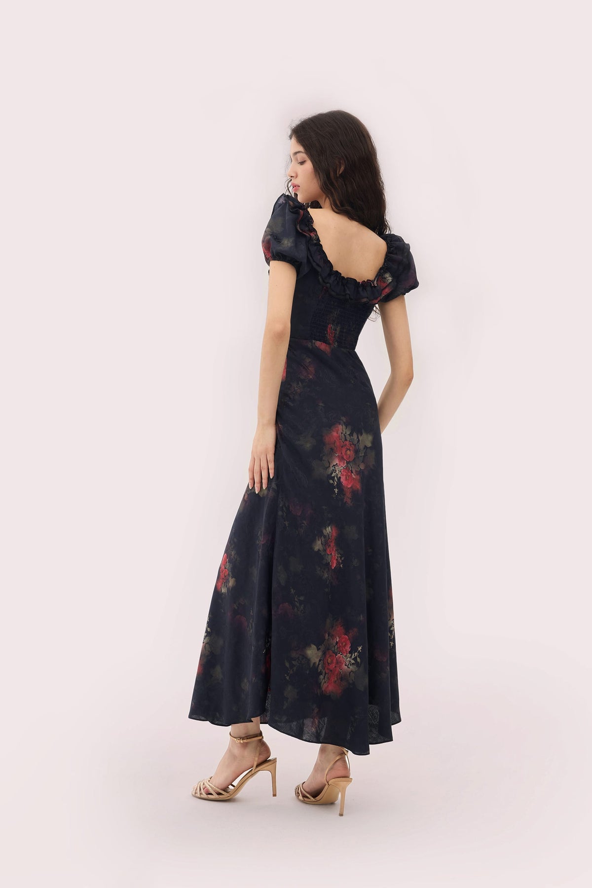 Danae Black Dress with Floral Jacquard and Puff Sleeves