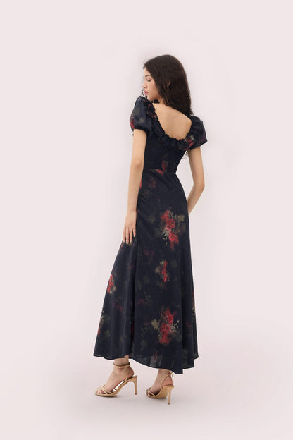 Danae Black Dress with Floral Jacquard and Puff Sleeves