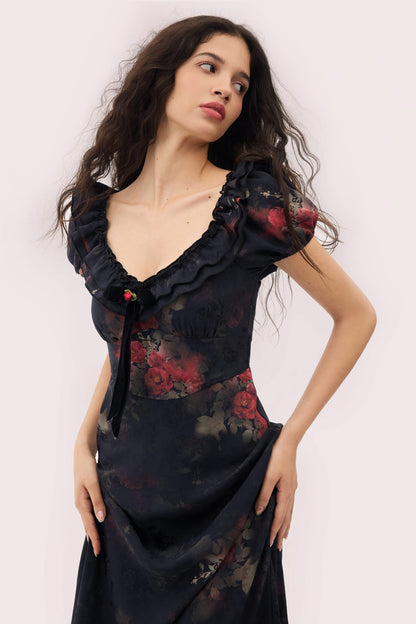 Danae Black Dress with Floral Jacquard and Puff Sleeves