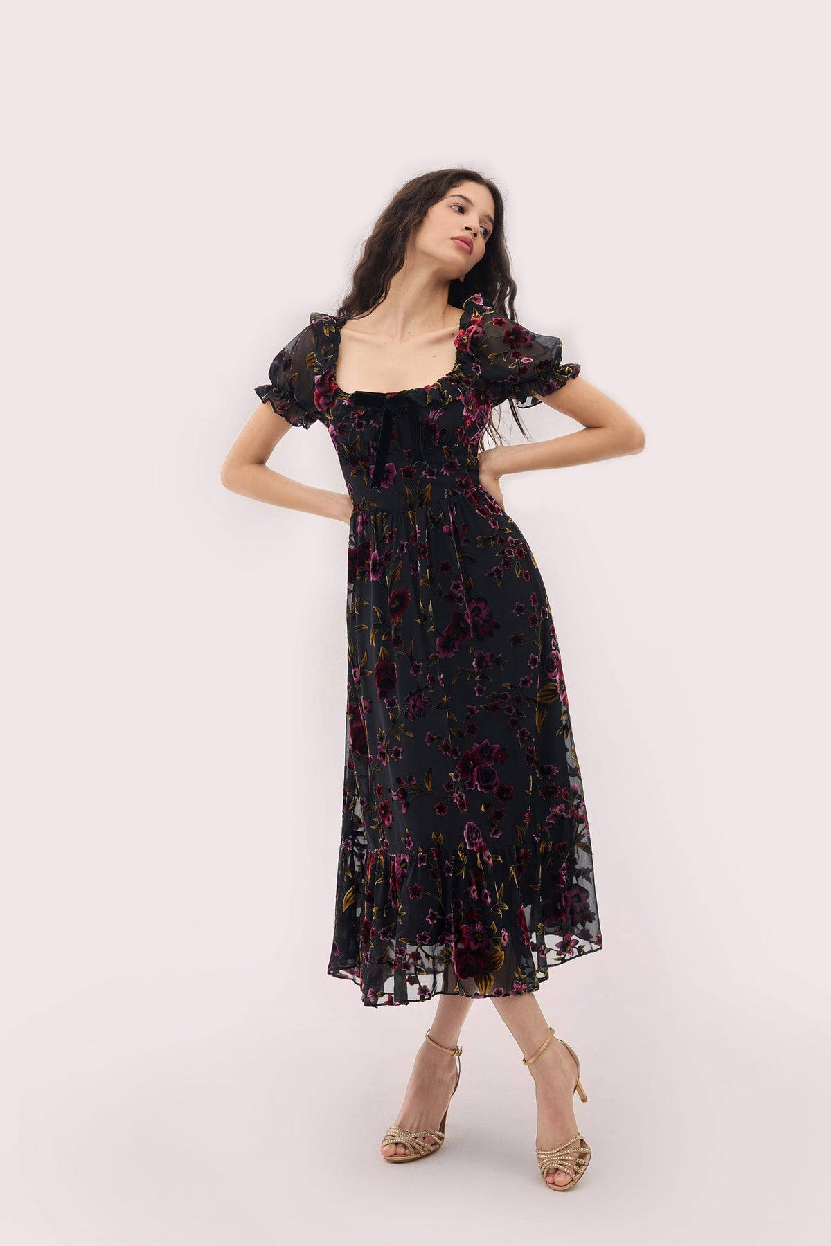 Georgina Velvet Dress with Puff Sleeves and Burnout Floral
