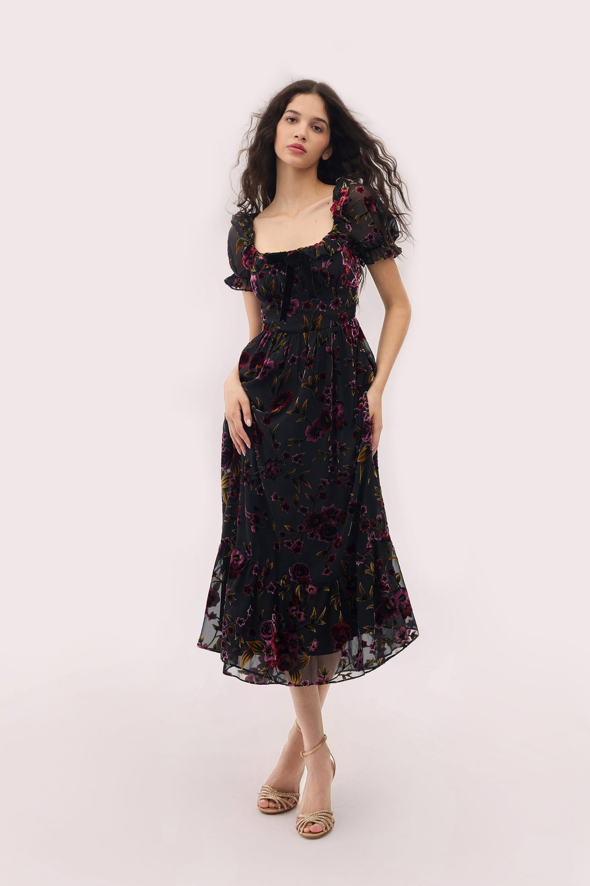Georgina Velvet Dress with Puff Sleeves and Burnout Floral