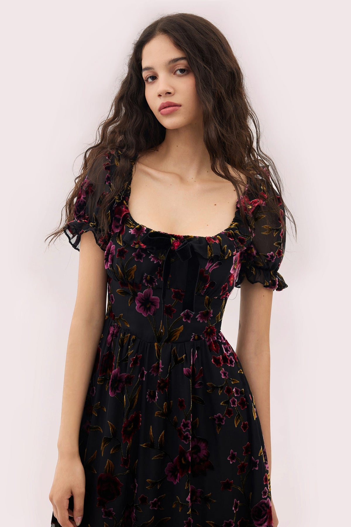 Georgina Velvet Dress with Puff Sleeves and Burnout Floral