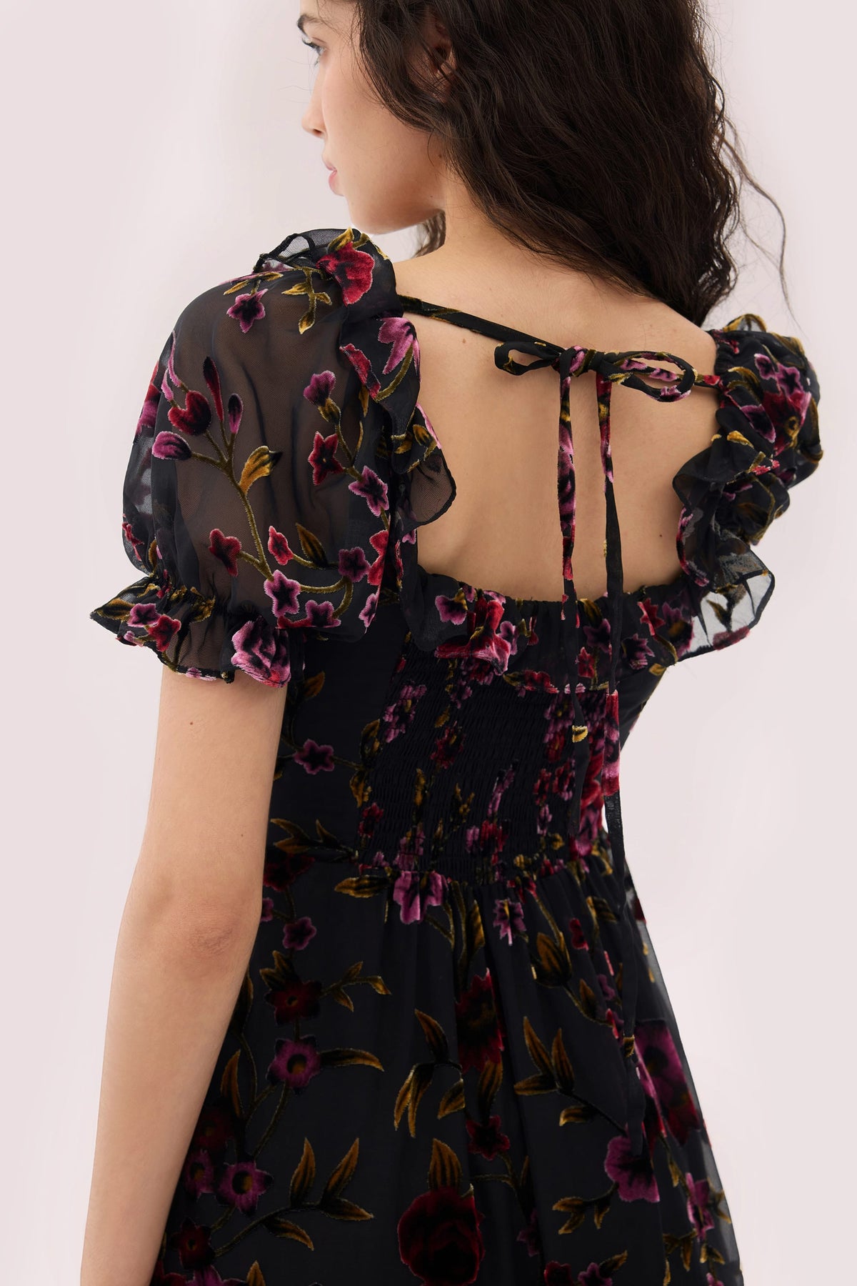 Georgina Velvet Dress with Puff Sleeves and Burnout Floral