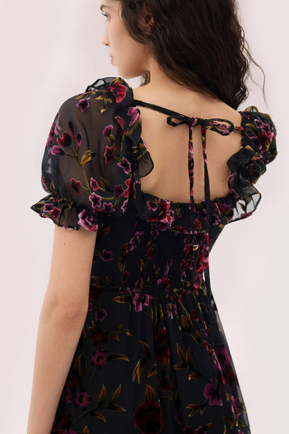 Georgina Velvet Dress with Puff Sleeves and Burnout Floral