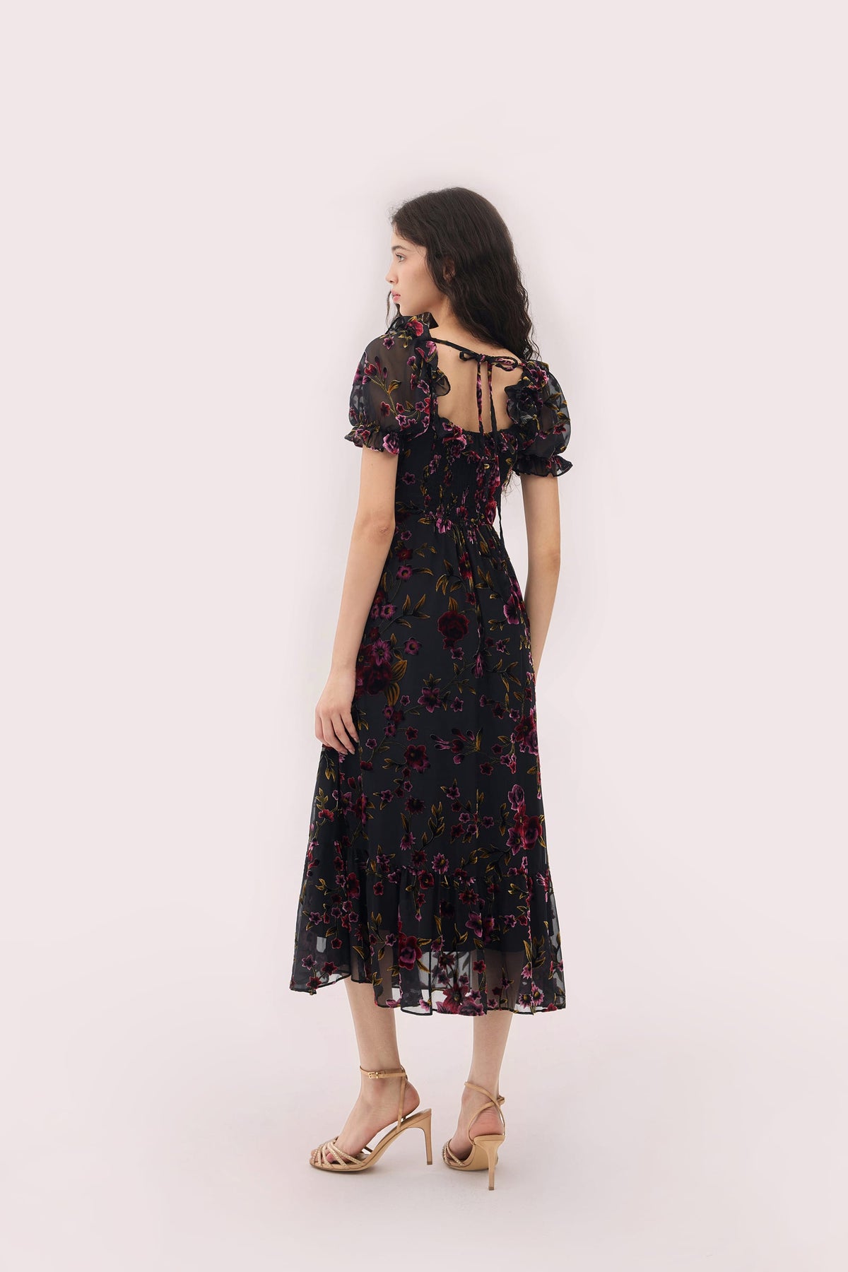 Georgina Velvet Dress with Puff Sleeves and Burnout Floral