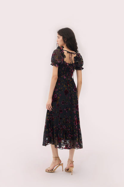 Georgina Velvet Dress with Puff Sleeves and Burnout Floral