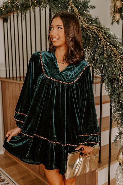 Ines Velvet Dress with Ruffled Collar and Tiered Hem