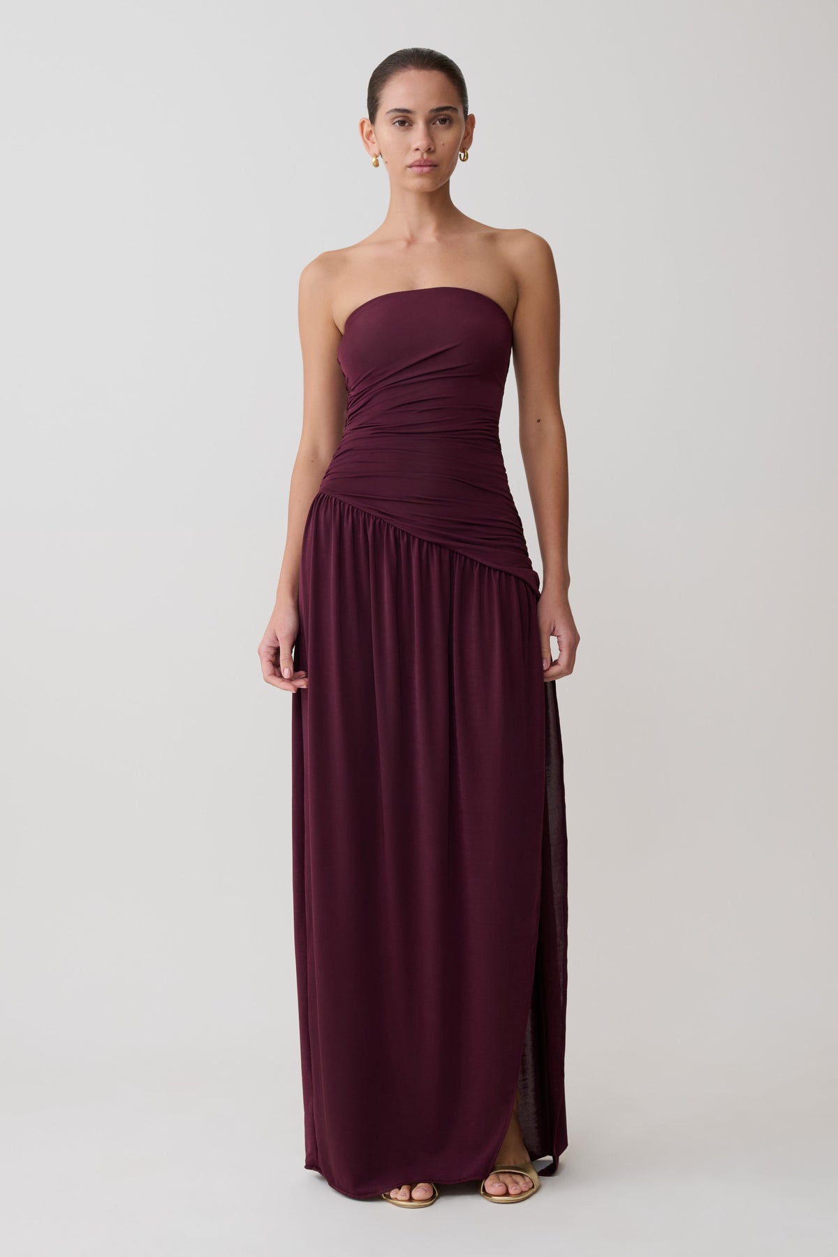 Kaja Burgundy Dress with Strapless Neck and High Slit