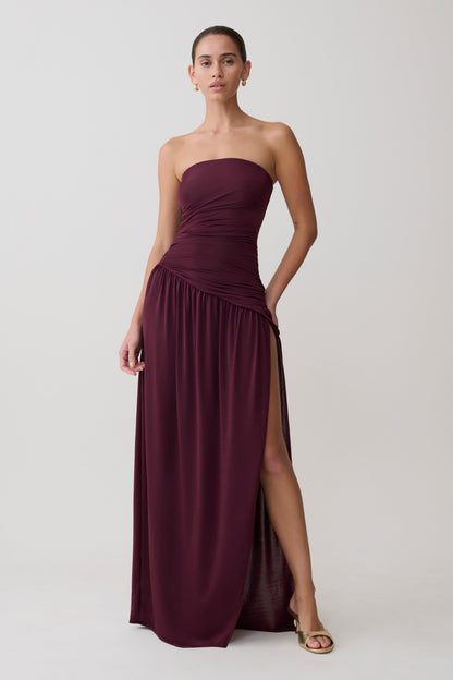 Kaja Burgundy Dress with Strapless Neck and High Slit