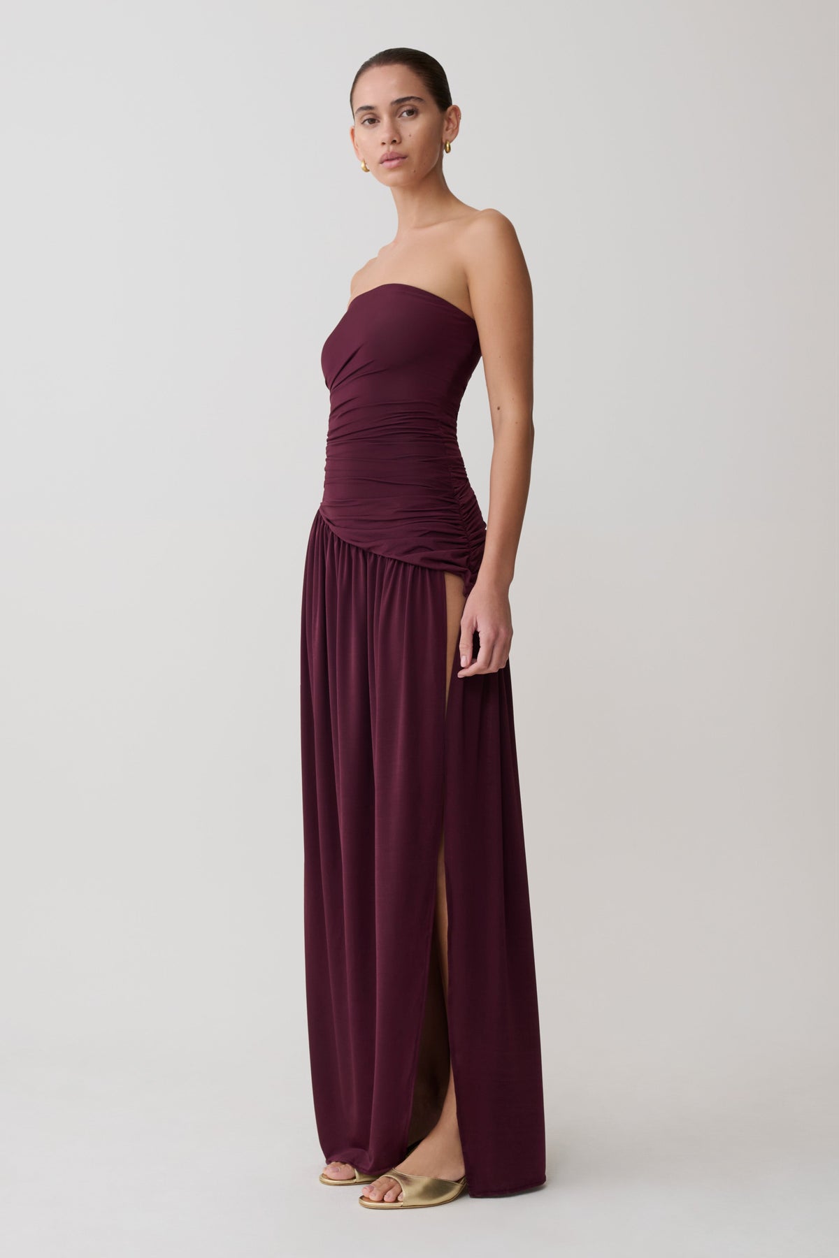 Kaja Burgundy Dress with Strapless Neck and High Slit