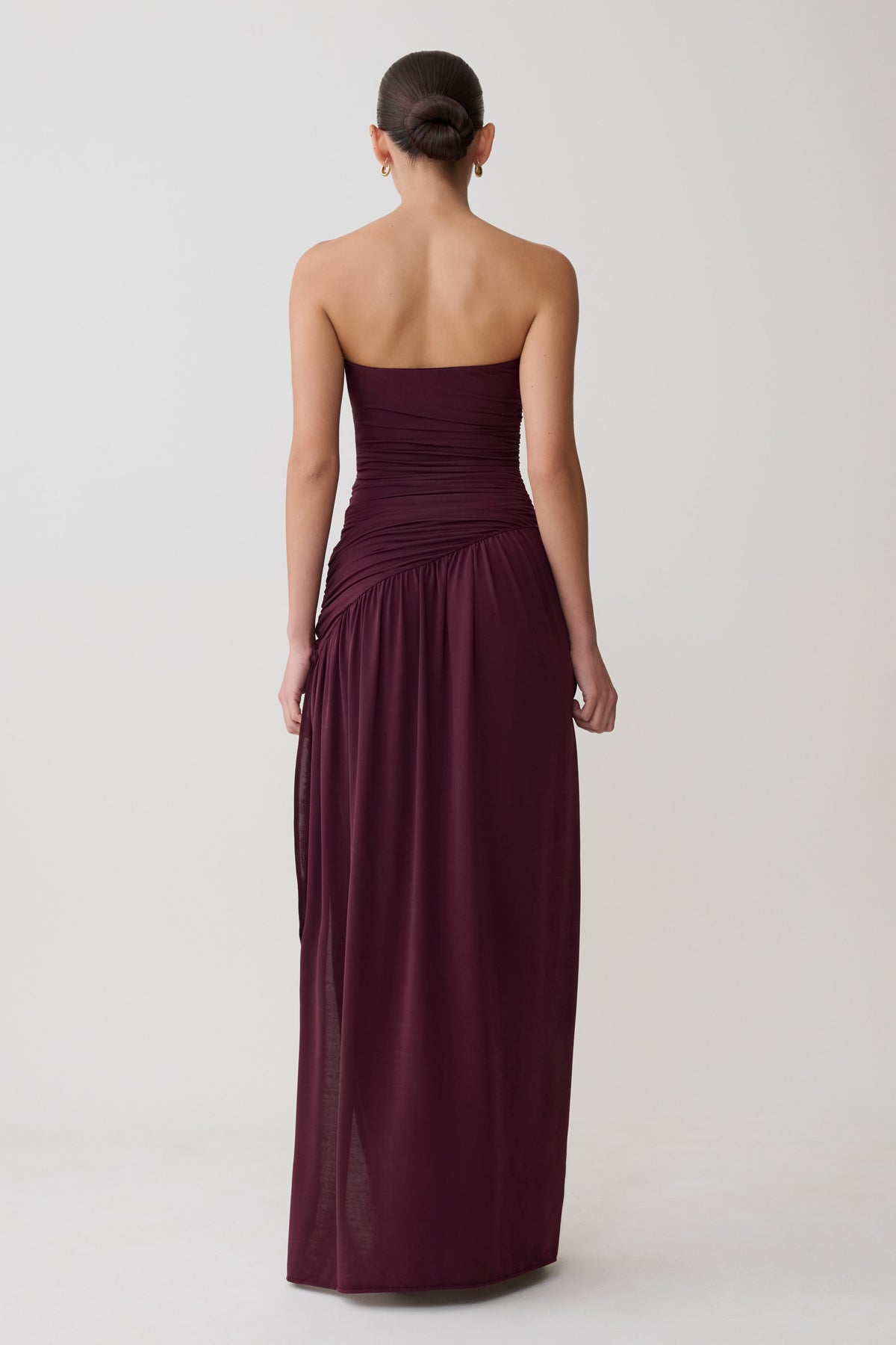Kaja Burgundy Dress with Strapless Neck and High Slit