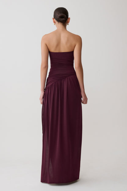 Kaja Burgundy Dress with Strapless Neck and High Slit