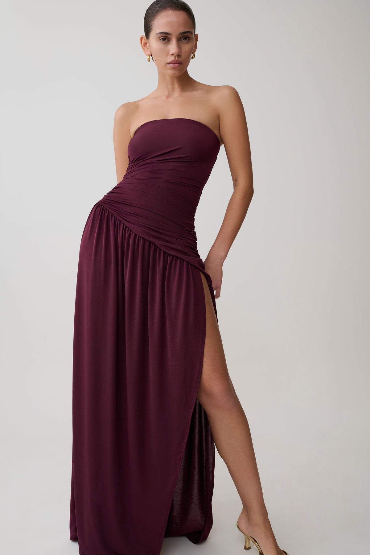 Kaja Burgundy Dress with Strapless Neck and High Slit