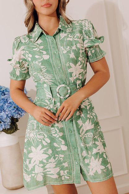 Penelope Green Dress with Floral Print and Puff Sleeves